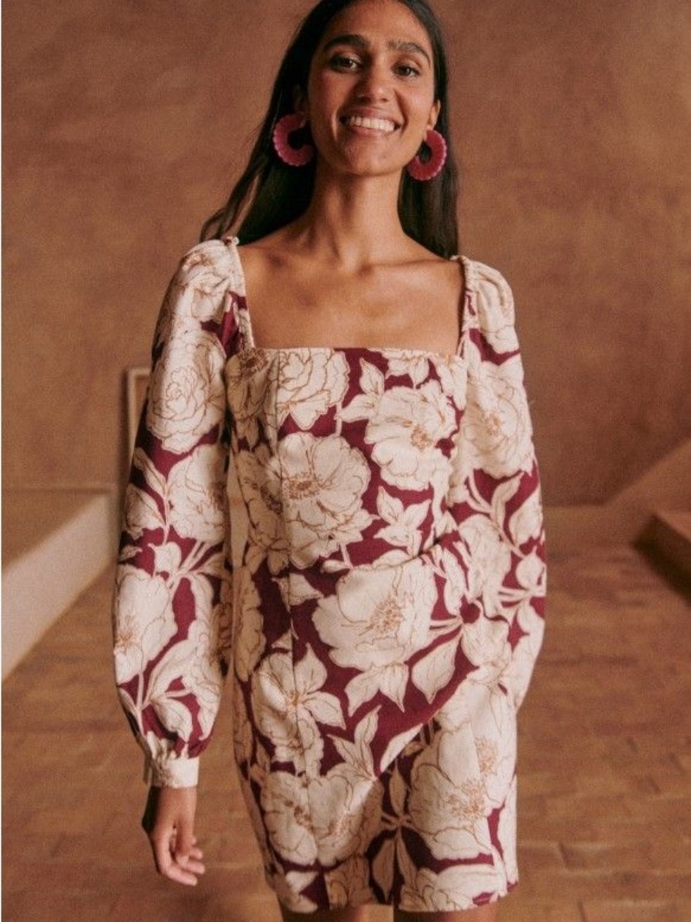 Sezane Square-Neck Burgundy & Cream Mini Dress